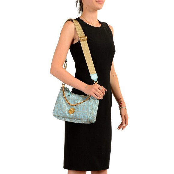 Versace Women\'s Blue Logo Print Gold Medusa Medium Hobo Handbag Shoulder Bag